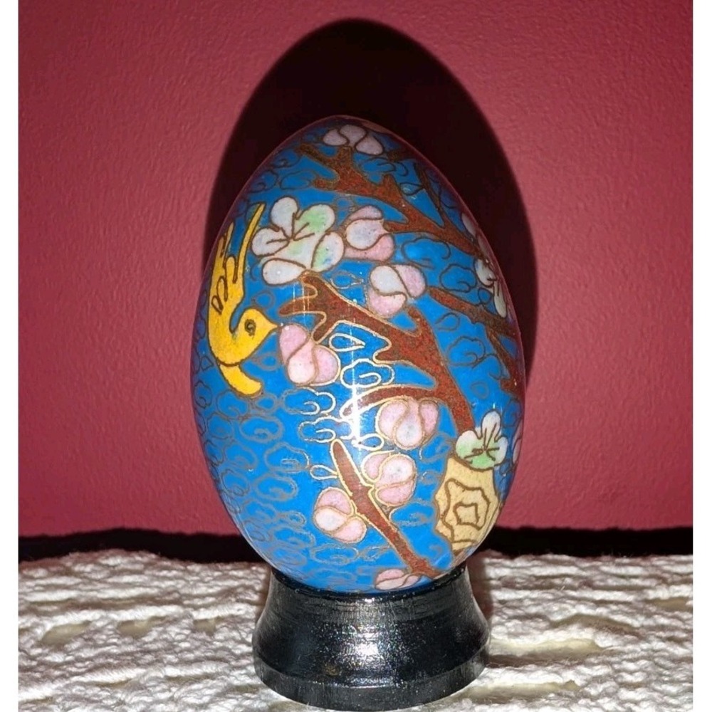 Vintage‎ CLOISONNE EGG blue yellow pink CLOUD BACKGROUND Cherry blossom & BIRD